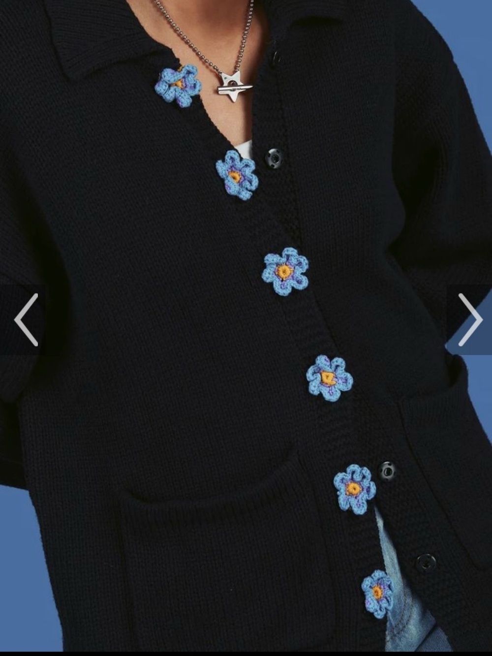 Black Floral-Button Knit Cardigan Sweater